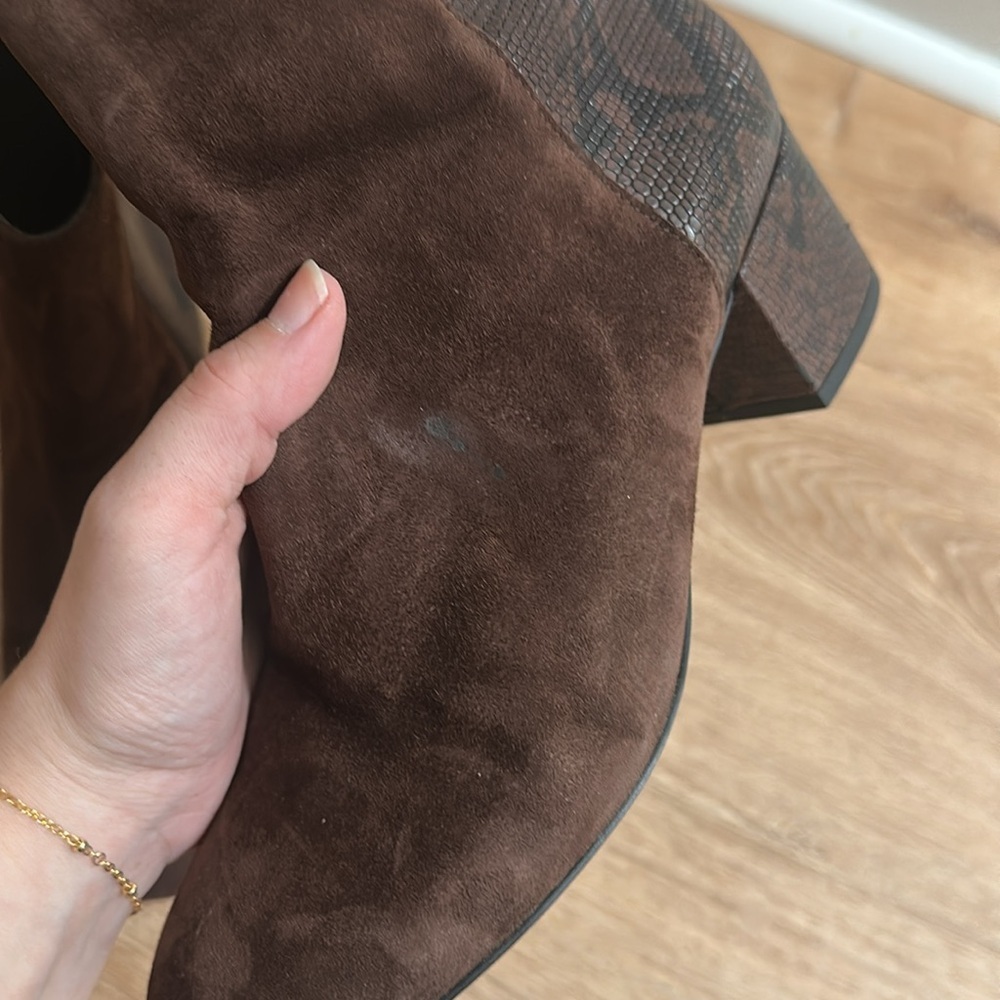 DONALD PLINER | Suede Leather Cindee Split Dark Brown Snake Print Boots, 7 - Picture 4 of 7